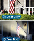Lit 20W Outdoor COB Landscape Spotlight With Dusk To Dawn Sensor illuminating porch at night, off during the day, dual pack