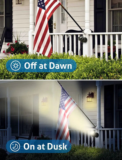 Lit 20W Outdoor COB Landscape Spotlight With Dusk To Dawn Sensor illuminating porch at night, off during the day, dual pack