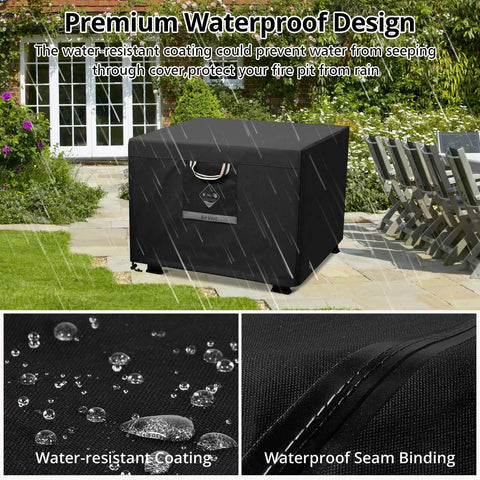 32 Inch Square Fire Pit Cover Heavy Duty Fabric Waterproof All Weather Outdoor Shield For Square Fire Pits And Tables Fits 28 To 32 Inch Pits Gas Pit Cover 24 Inch High installed on a patio in rain.
