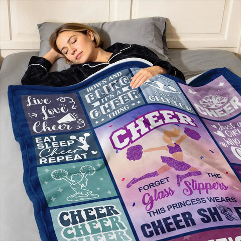 Blue Purple Throw Blanket 50x60 Inches With Inspirational Quotes Grid Design draped over sleeping woman