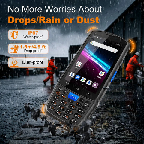 F7 Android 14 Handheld PDA Barcode Scanner for warehouse and logistics, waterproof IP67, shown in rainy warehouse scene.