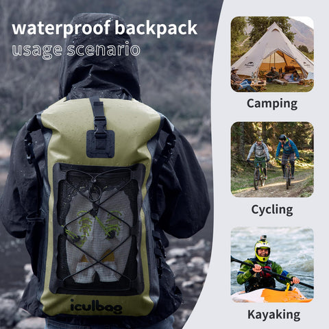 Person wearing Roll-Top Waterproof Dry Bag Backpack 30L for travel, kayaking, boating, hiking, and camping; PVC seal visible.