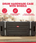 Road Ready Drum Hardware Case With Wheels And Telescoping Handle Featuring Hella Durable Roto Molded Polyethylene Construction Secure Cinch Straps For Stands Pedals And Gear Hauling Black in a studio setting.