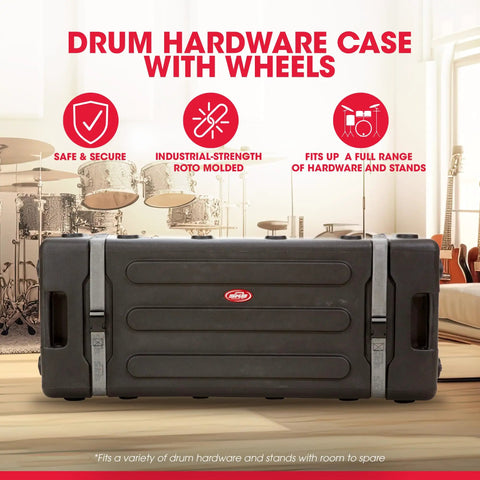 Road Ready Drum Hardware Case With Wheels And Telescoping Handle Featuring Hella Durable Roto Molded Polyethylene Construction Secure Cinch Straps For Stands Pedals And Gear Hauling Black in a studio setting.