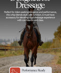 Rider on horse using lightweight dressage whip, black finish, for precise cues in stylish competition with subtle sparkle.