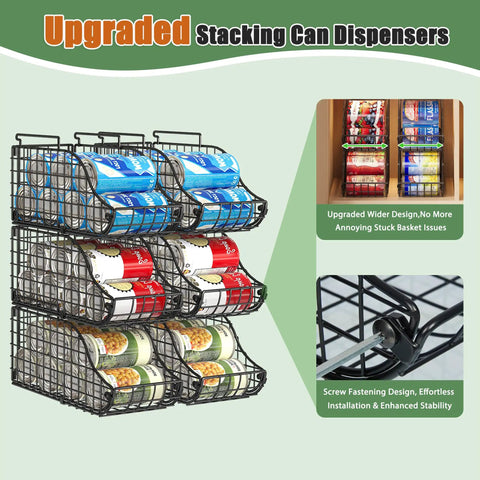 Image of Eight Pack Can Organizer For Pantry And Fridge, Stackable Wire Shelf Rack Holds Up To Seventy Two Cans, displaying cans.