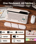 Dope Wireless Retro Typewriter Mechanical Keyboard With Screen And Smooth Rotary Knob Plus Premium Round Pbt Keycaps For Hot Swappable Switches And Custom Rgb Lighting Alongside A Comfy Wrist Rest For Epic Pc Mac Gaming Vibes And Daily Work on a wooden desk with mouse and device compatibility icons.