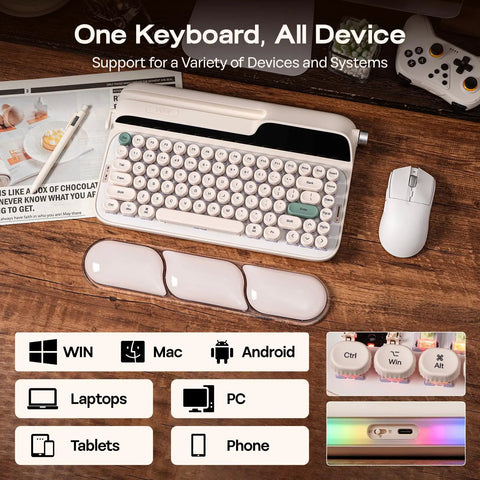 Dope Wireless Retro Typewriter Mechanical Keyboard With Screen And Smooth Rotary Knob Plus Premium Round Pbt Keycaps For Hot Swappable Switches And Custom Rgb Lighting Alongside A Comfy Wrist Rest For Epic Pc Mac Gaming Vibes And Daily Work on a wooden desk with mouse and device compatibility icons.