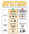 Infographic comparing staple sizes: 18 gauge heavy duty T50 vs 22 gauge light duty JT21 for projects like upholstery.