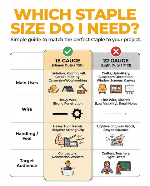 Infographic comparing staple sizes: 18 gauge heavy duty T50 vs 22 gauge light duty JT21 for projects like upholstery.