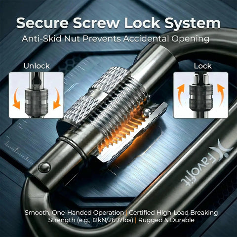 Close-up of Beefy 12kN Heavy Duty Carabiner Clip with ultralight screw lock design, showing anti-skid nut and secure lock system.