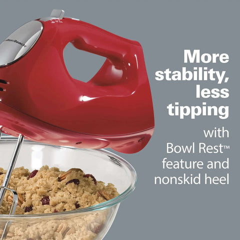 Badass Electric Hand Mixer With Six Speed Settings And Quick Burst Boost Featuring Trusty Bowl Rest and Snap On Storage Case For No Sweat Baking Projects Every Day with a bowl of cookie dough.