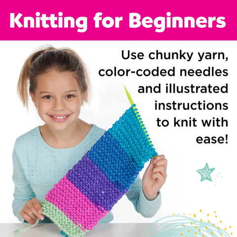 Girl holding Learn To Knit Pocket Scarf Kit For Beginners, colorful striped pattern using chunky rainbow yarn and color-coded needles.