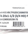 10 Pack Set 1 4 20 X 1 2 In Stainless Steel Fanged Elevator Bolts Square Neck packaging label with specifications.