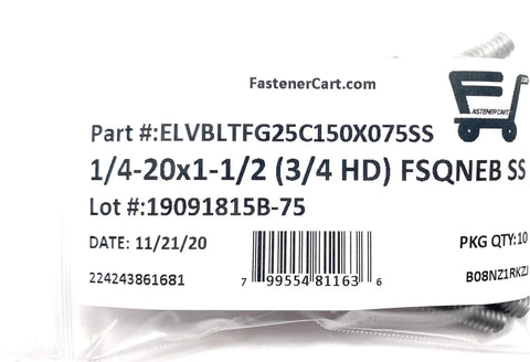 10 Pack Set 1 4 20 X 1 2 In Stainless Steel Fanged Elevator Bolts Square Neck packaging label with specifications.