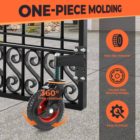 Eight Inch Gate Wheels With Brake 360 Degree Swivel Spring Loaded 600 Lbs Capacity Metal Gate Installed