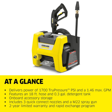 Compact 1700 PSI TruPressure Pressure Washer With 1.2 GPM, Three Nozzle Options And Detergent Tank for various cleaning tasks