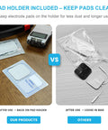 Heavy Duty Tens Therapy Pads With Pad Holder 24 Pack shown on clean holder versus loose pads in bag, highlighting storage benefits.