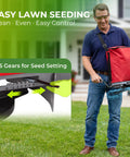 Man using 25 Lb Handheld Seed Spreader With Enclosed Metal Gears, Rear Baffle, Adjustable Flow Control, Durable Oxford Bag, Red.