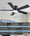 Slick 48 Inch Matte Black Flush Mount Ceiling Fan With Light For Modern Indoors Dropping Real Clean Airflow Across Six Speeds And Tunable Three Color Dimmable Bulbs Rock Solid Reversible Motor Sets The Whole Room Right Tonight, showcasing dimensions and features.