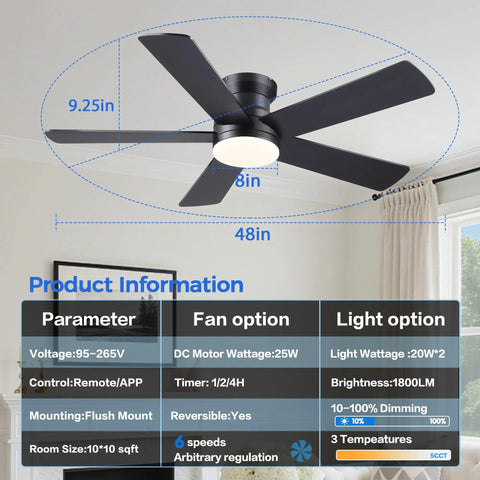 Slick 48 Inch Matte Black Flush Mount Ceiling Fan With Light For Modern Indoors Dropping Real Clean Airflow Across Six Speeds And Tunable Three Color Dimmable Bulbs Rock Solid Reversible Motor Sets The Whole Room Right Tonight, showcasing dimensions and features.