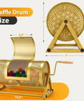 Raffle drum on tripod stand, gold perforated metal body with wooden crank handle; holds 3,000 tickets.