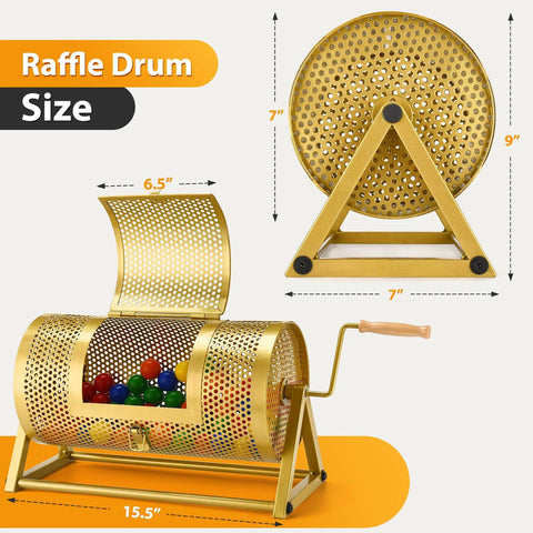 Raffle drum on tripod stand, gold perforated metal body with wooden crank handle; holds 3,000 tickets.
