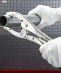 Using 10 Inch Curved Jaw Locking Pliers Set With 2.5 Inch Opening And 65mm Max Capacity to grip a metal pipe, pliers in action