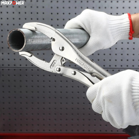 Using 10 Inch Curved Jaw Locking Pliers Set With 2.5 Inch Opening And 65mm Max Capacity to grip a metal pipe, pliers in action