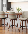 Swivel Bar Stools Set Of 3 26 Inch Counter Height With Wood Legs And Backs Plush PU Leather Upholstery Bentwood Frame Armrests