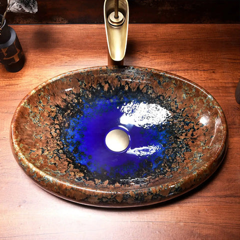 Slick White Ceramic Vessel Sink For Bathroom Vanity Top Hand Painted Counter Mount Basin Heavy Duty Glazed Wash Tub Total Game Changer Super Easy Clean Retro Charm on wooden counter.
