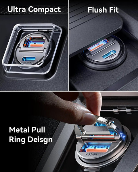 Heavy Duty Slick Hella Fast 90W Car Charger Adapter With PD 45W QC 45W Dual Port USB C Cable features ultra compact design.