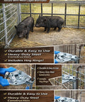 Heavy Duty Hog Ring Pliers Kit in use on animal cage fencing with 600 galvanized hog rings, Workhorse manganese steel, red handle