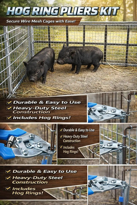 Heavy Duty Hog Ring Pliers Kit in use on animal cage fencing with 600 galvanized hog rings, Workhorse manganese steel, red handle