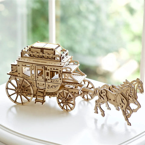 Wooden Stagecoach 3D Puzzle Construction Kit With Self Moving Gears Openable Cabin Doors And Detailed Mechanical Fun For Builders Of All Ages Perfect STEM Toy For Curious Kiddos And Grownups Who Love Hands On Gear Puzzles, wooden stagecoach model