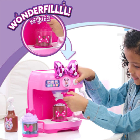 Child playing with Minnie Mouse Bowrista 10 Inch Kids Espresso Machine Play Set With Cups Syrup Bottle Frothing Pitcher Portafilter Tamper And Toppings For Pretend Coffee Shop Fun Ages 3 And Up