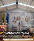 Interior view of 10x12 Ft Outdoor Storage Shed With Skylight Roof Panels, showing organized garden tools on walls, well-lit by skylight panels.