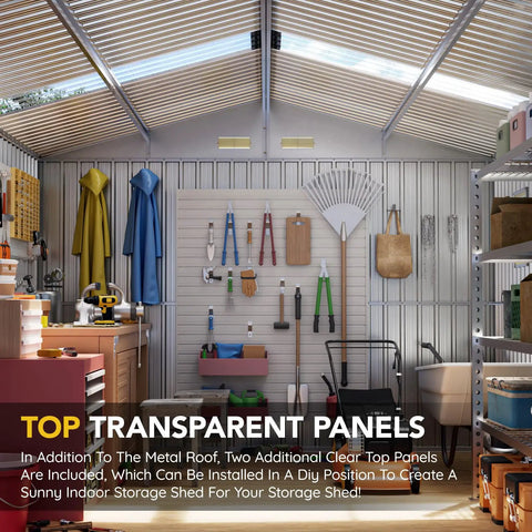 Interior view of 10x12 Ft Outdoor Storage Shed With Skylight Roof Panels, showing organized garden tools on walls, well-lit by skylight panels.