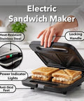 Ovente Electric Sandwich Maker With Quick Heating Non Stick Plates For Toasting Paninis And Omelets, heat-resistant stainless steel, locking handle.