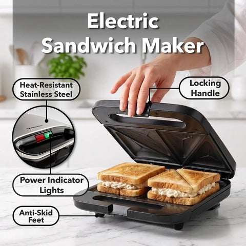 Ovente Electric Sandwich Maker With Quick Heating Non Stick Plates For Toasting Paninis And Omelets, heat-resistant stainless steel, locking handle.