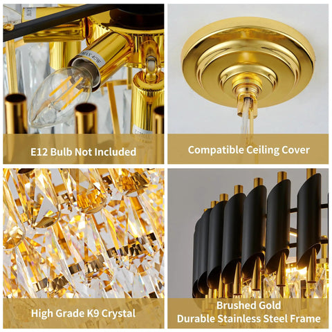 Gold 3-Light Crystal Chandelier Pendant Light For High Ceilings with crystal prisms, bulb socket, ceiling cover, and gold frame detail