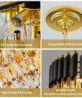 Four-part image showing details of Five Light LED Teardrop Crystal Pendant Chandelier in gold finish with K9 crystal and brushed steel frame.