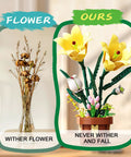 DIY Lily Bonsai Building Set For Adults, Maintenance Free Indoor Plant Decor, 296 Piece Flower Building Blocks Kit For Home Office, Living Room, Gift For Moms, Women, And Girls On Birthdays Or Mother's Day, yellow lily blocks in pot