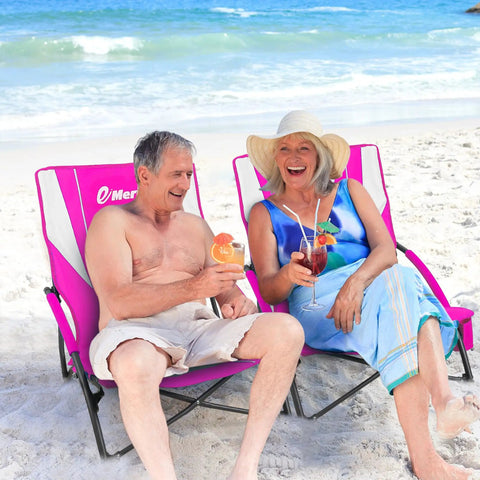Couple relaxing on Low Beach Chair With Removable UPF 50 Plus Umbrella Lightweight Folding Backpack Style Camp Chair at beach