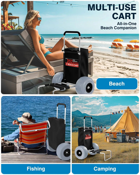 Beach Cart For Sand Foldable Aluminum Wagon With Balloon Wheels and 13 Inch Wide Tires at beach, fishing, camping scene