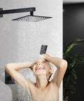 Child enjoying shower under Matte Black Rain Shower Head And 8 Inch Square Shower System With 3 Setting Handheld Spray Wall Mounted Faucet Set For A Dope Spa Quality Bathroom Upgrade Experience