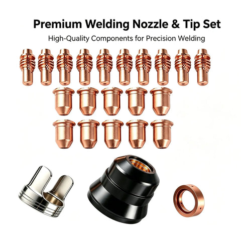 Plasma Cutter Consumables Kit 23 Pieces Replacement For Titanium Plasma65 Ti PC65 IPT 65 Models 56255 56811 59182 58895 59164 Includes Electrodes Nozzles Cups Standoff Guide Swirl Ring Shield Cap Direct Replacement Plug And Play, showing copper electrodes and black shield cap.