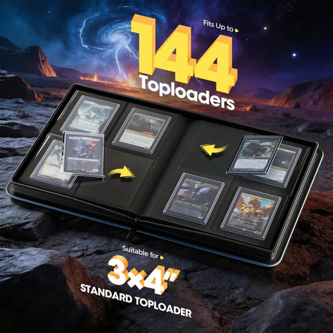 4 Pocket Top Loader Binder For 144 Cards In 3x4 Toploaders, Side Loading Card Organizer With Clear Window For Pokemon, Trading Card Games, MTG, Sports Cards, Navy Finish.