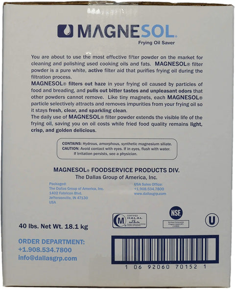 No Sweat Fryer Filter Powder That Straight Up Saves Deep Fryer Oil And Extends Oil Life While Filtering Out Grease Keeps Fry Oil Sparkling Clear For Crispier Golden Bites Heavy Duty Kitchen Essential Smooth Operator 40 Lb Bag packaging view showing 40 lb bag of MAGNESOL frying oil saver.