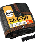 40 By 50 Feet Black Shade Cloth Mesh Tarp With Grommets For Outdoor Patio Garden Carport Chicken Coops Backyards Plant Cover Ninety Percent Shade Coverage Heavy Duty Sun Shade Netting rolled up with label showing 90% shading rate.